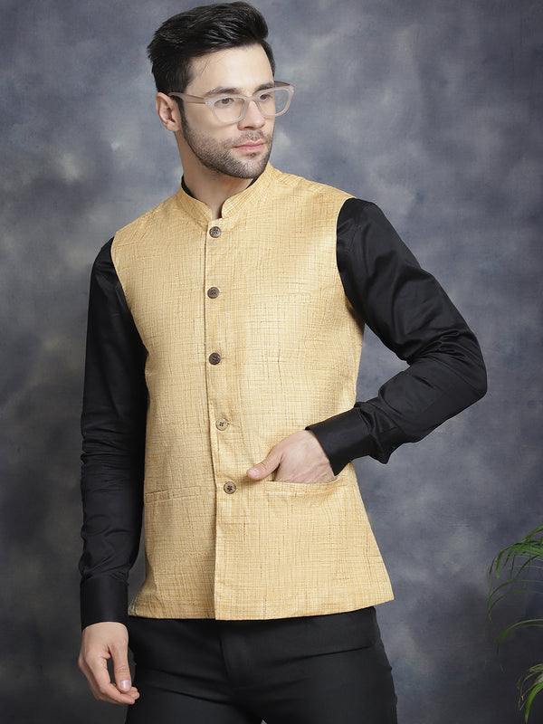 Men's Woven Design Nehru Jacket ( JOWC 4095Beige )