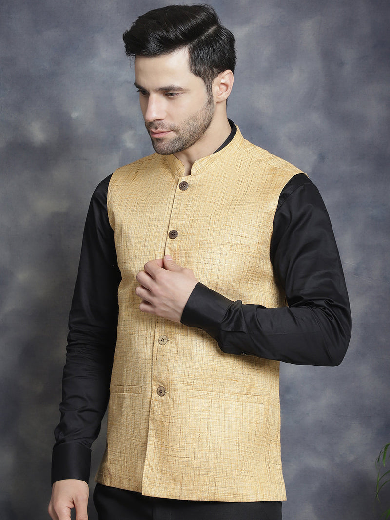 Men's Woven Design Nehru Jacket ( JOWC 4095Beige )