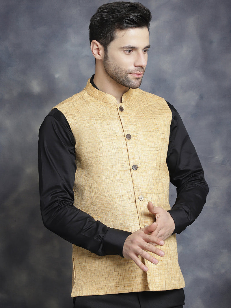 Men's Woven Design Nehru Jacket ( JOWC 4095Beige )