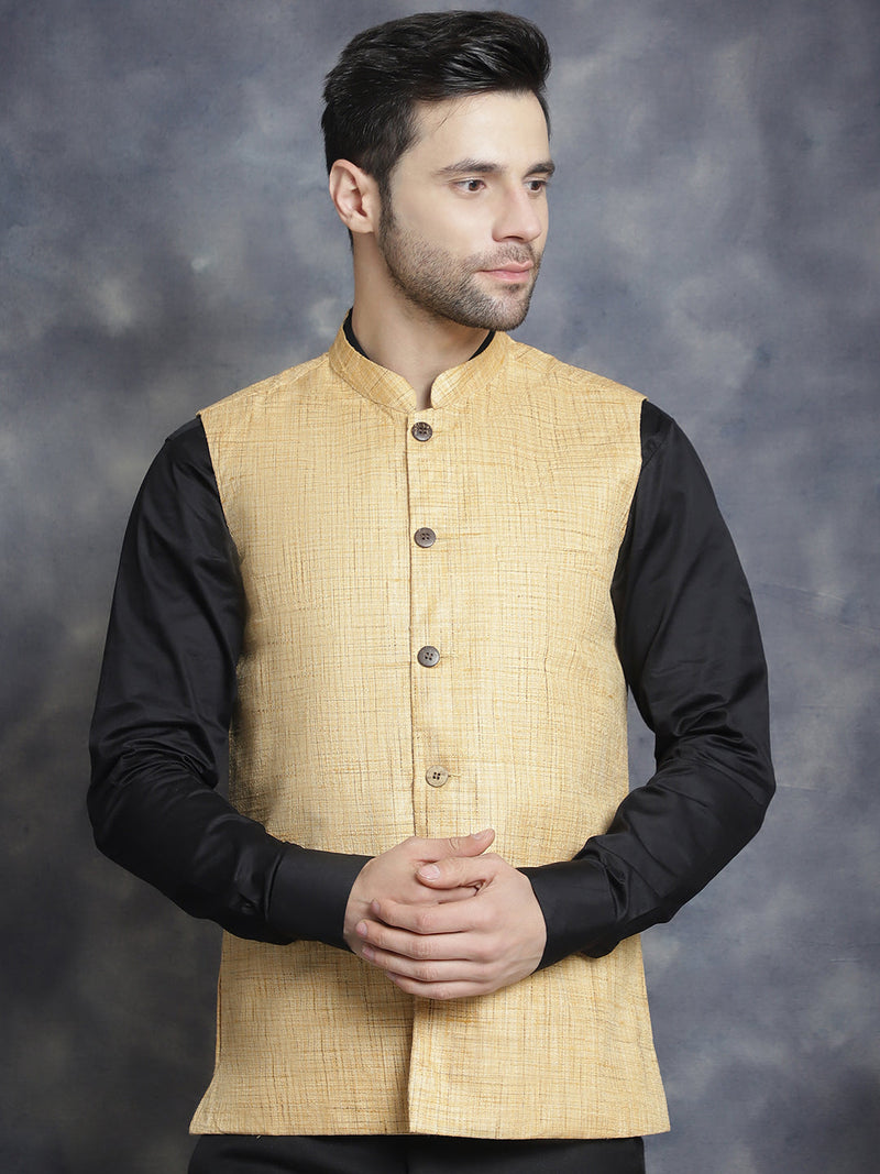 Men's Woven Design Nehru Jacket ( JOWC 4095Beige )