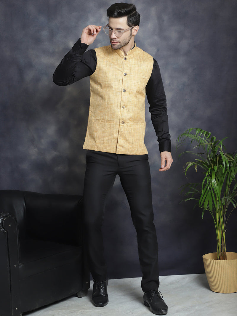 Men's Woven Design Nehru Jacket ( JOWC 4095Beige )