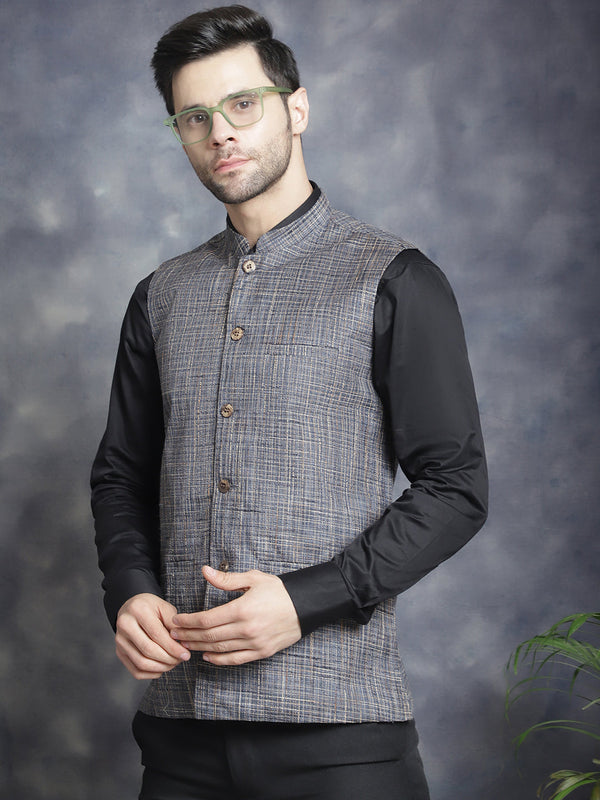 Men's Woven Design Nehru Jacket ( JOWC 4095Charcoal )