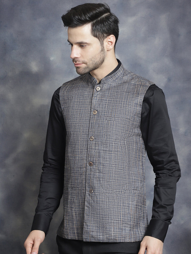 Men's Woven Design Nehru Jacket ( JOWC 4095Charcoal )