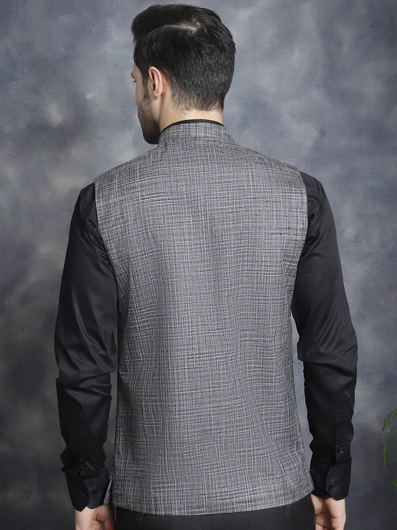 Men's Woven Design Nehru Jacket ( JOWC 4095Charcoal )