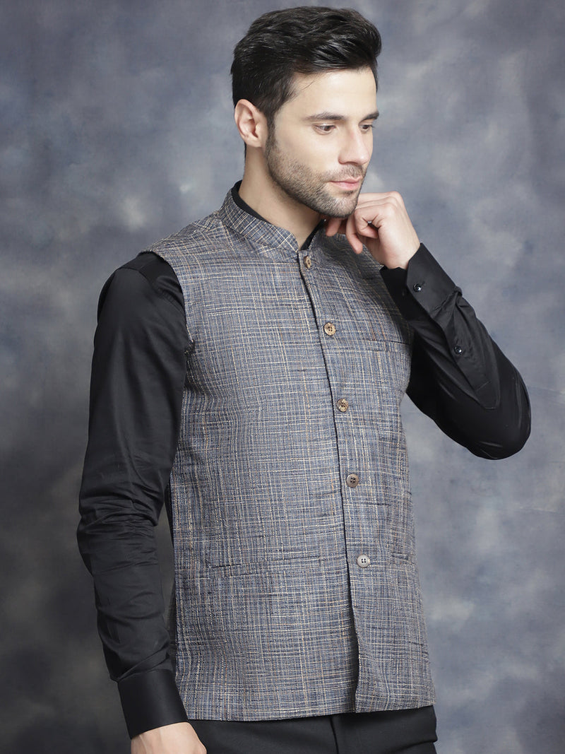 Men's Woven Design Nehru Jacket ( JOWC 4095Charcoal )