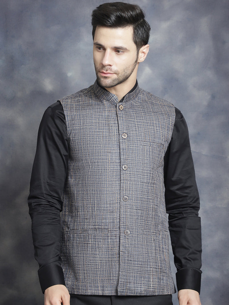 Men's Woven Design Nehru Jacket ( JOWC 4095Charcoal )