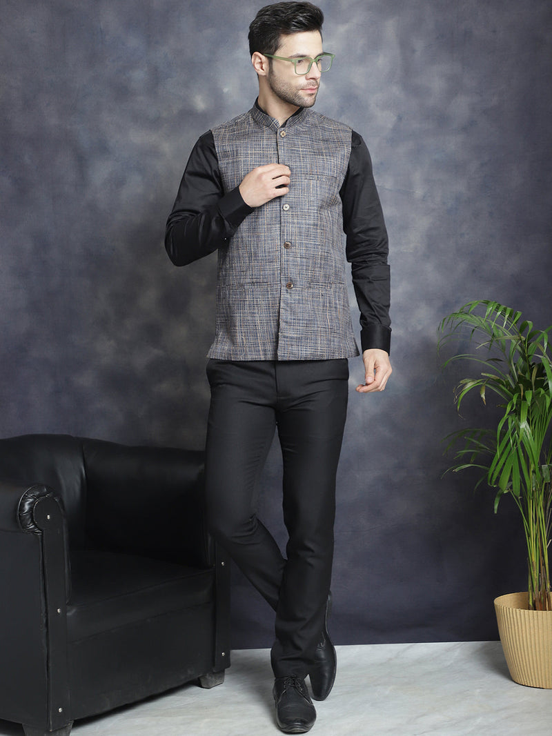 Men's Woven Design Nehru Jacket ( JOWC 4095Charcoal )