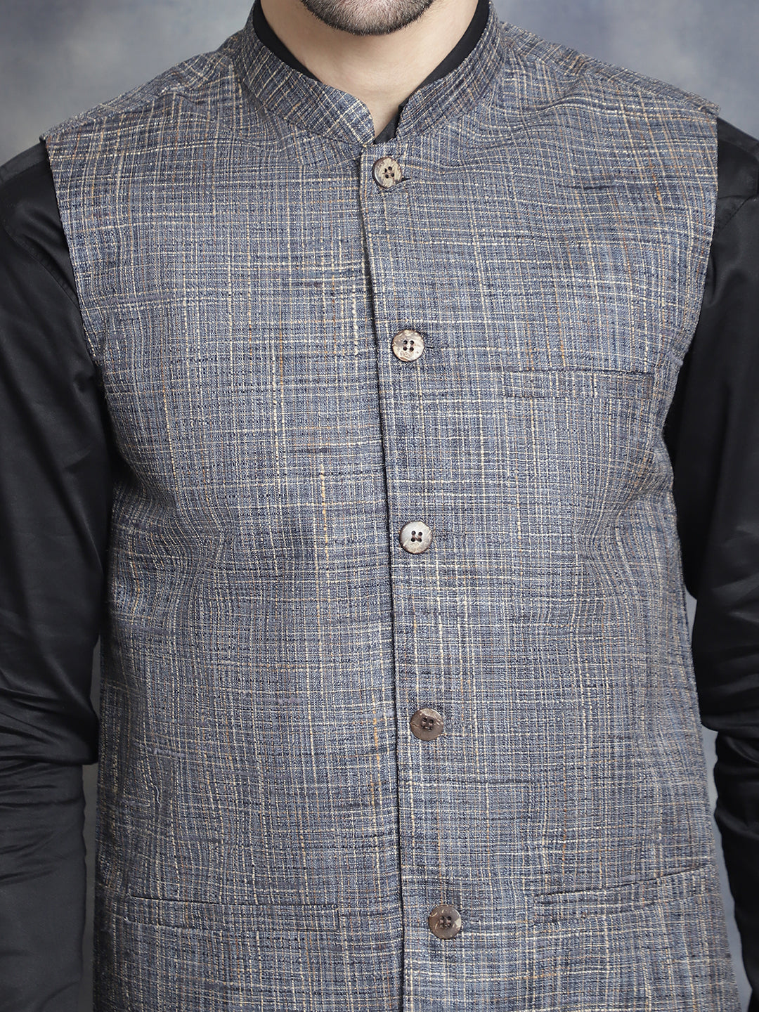 Men's Woven Design Nehru Jacket ( JOWC 4095Charcoal )