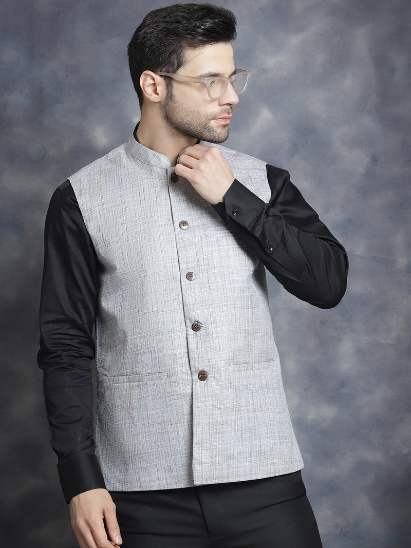 Men's Woven Design Nehru Jacket ( JOWC 4095Grey )