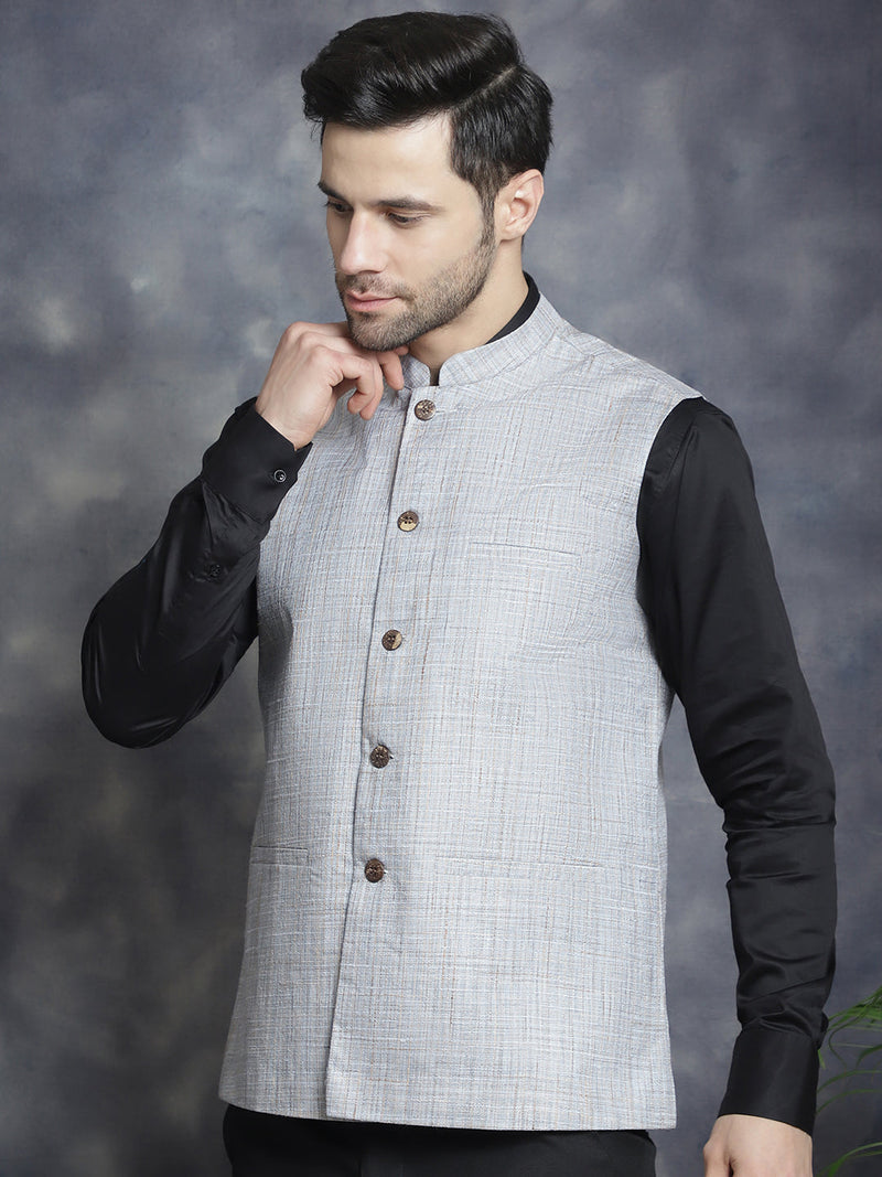 Men's Woven Design Nehru Jacket ( JOWC 4095Grey )