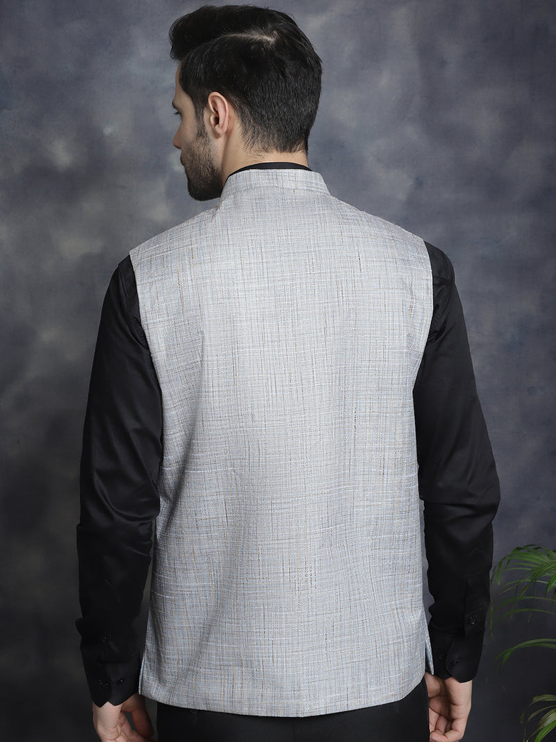 Men's Woven Design Nehru Jacket ( JOWC 4095Grey )