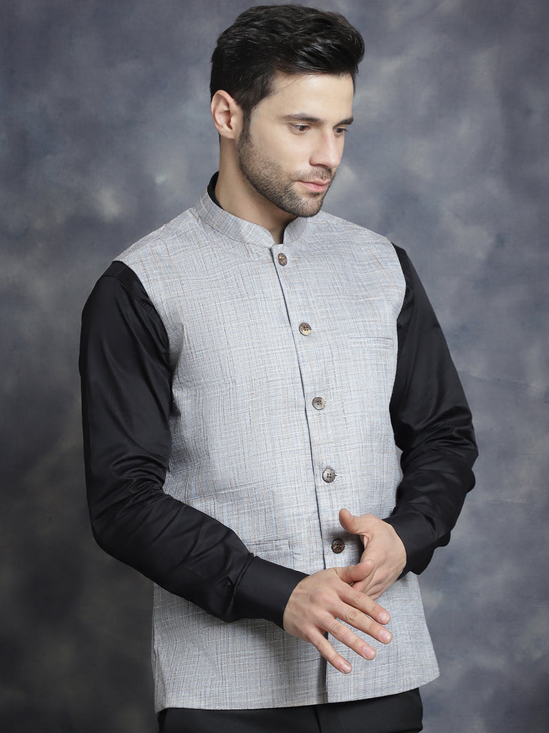 Men's Woven Design Nehru Jacket ( JOWC 4095Grey )