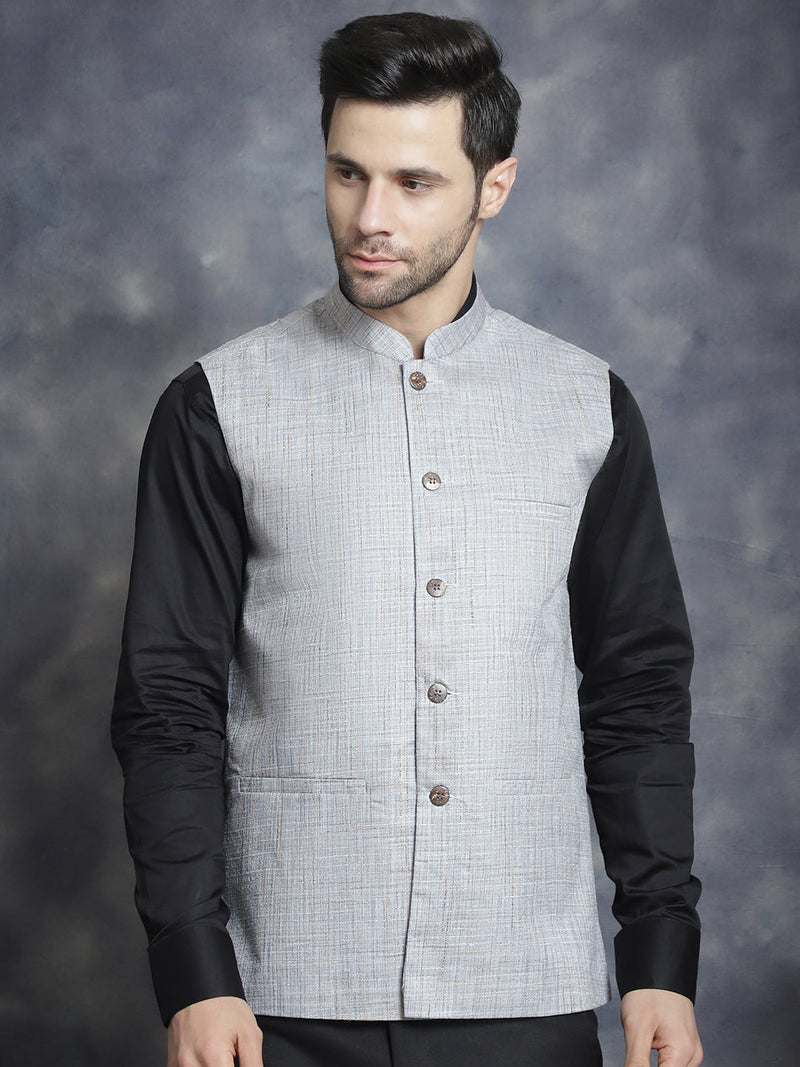 Men's Woven Design Nehru Jacket ( JOWC 4095Grey )