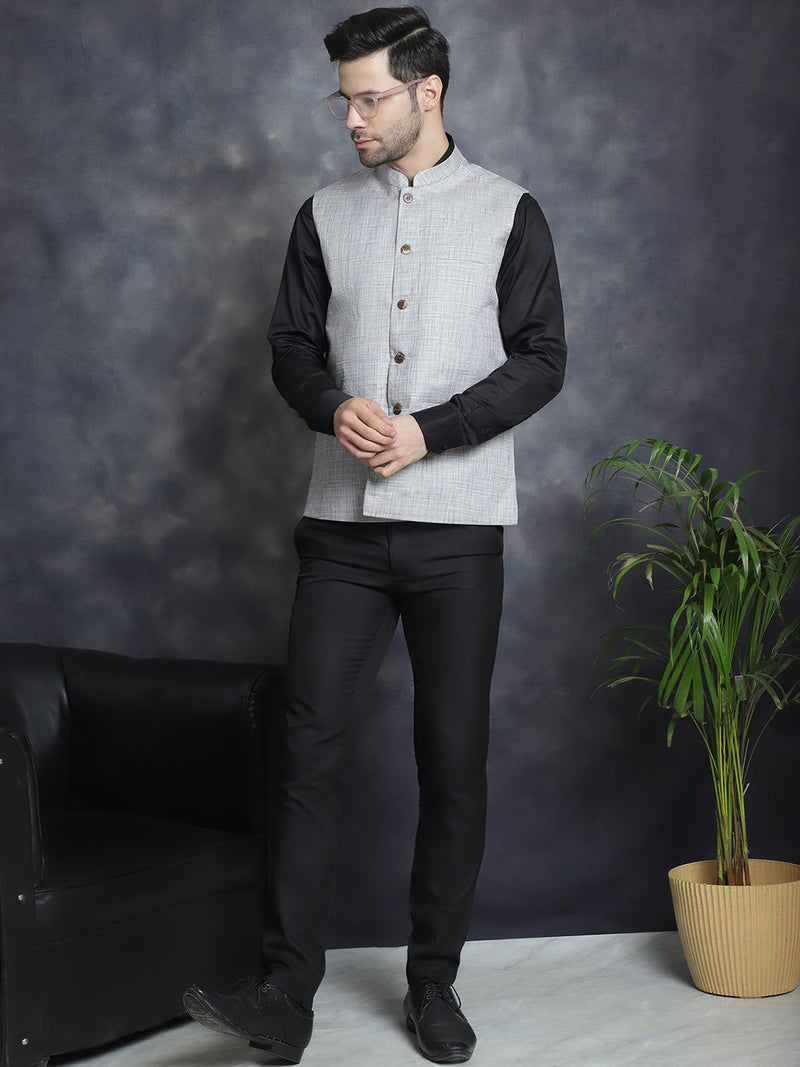 Men's Woven Design Nehru Jacket ( JOWC 4095Grey )