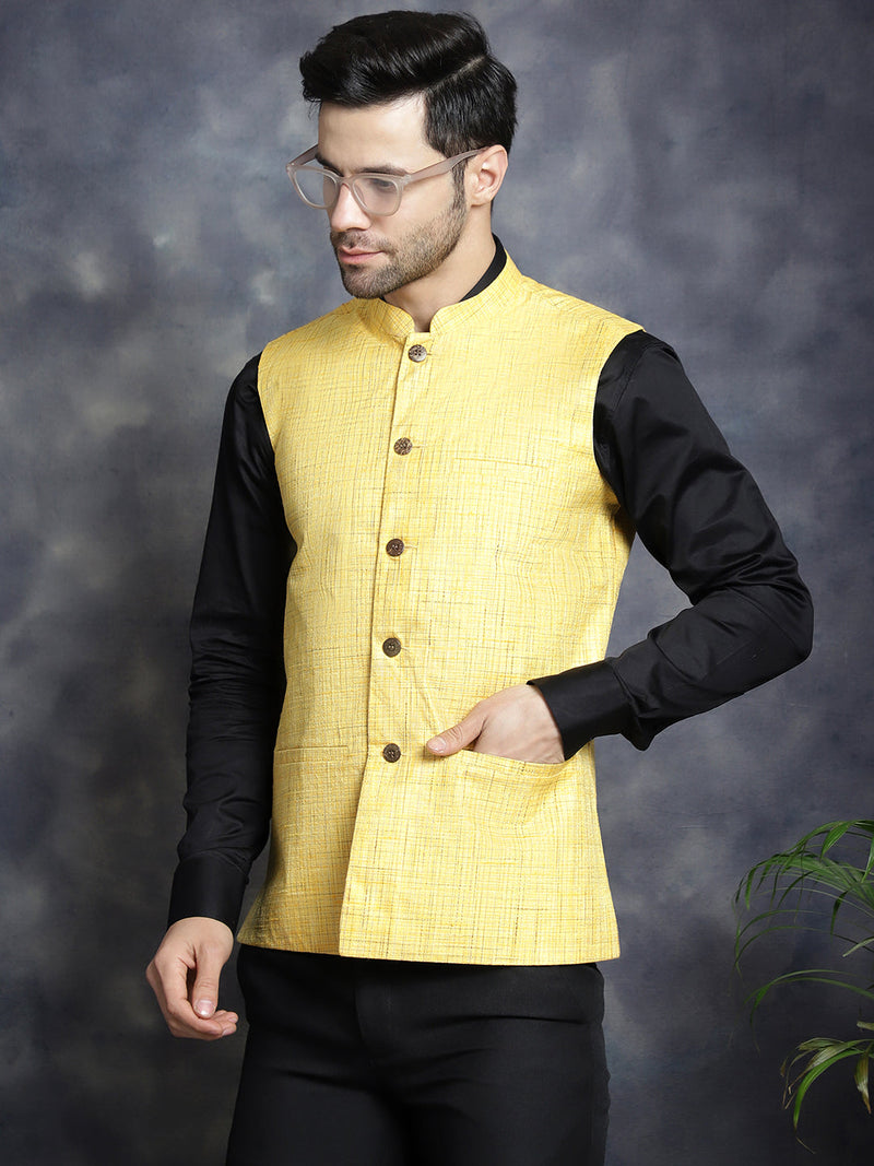 Men's Woven Design Nehru Jacket ( JOWC 4095Yellow )