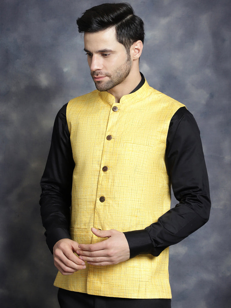 Men's Woven Design Nehru Jacket ( JOWC 4095Yellow )