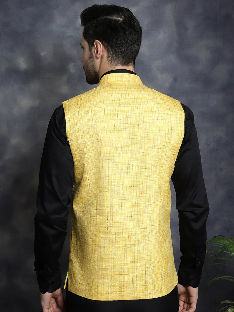 Men's Woven Design Nehru Jacket ( JOWC 4095Yellow )