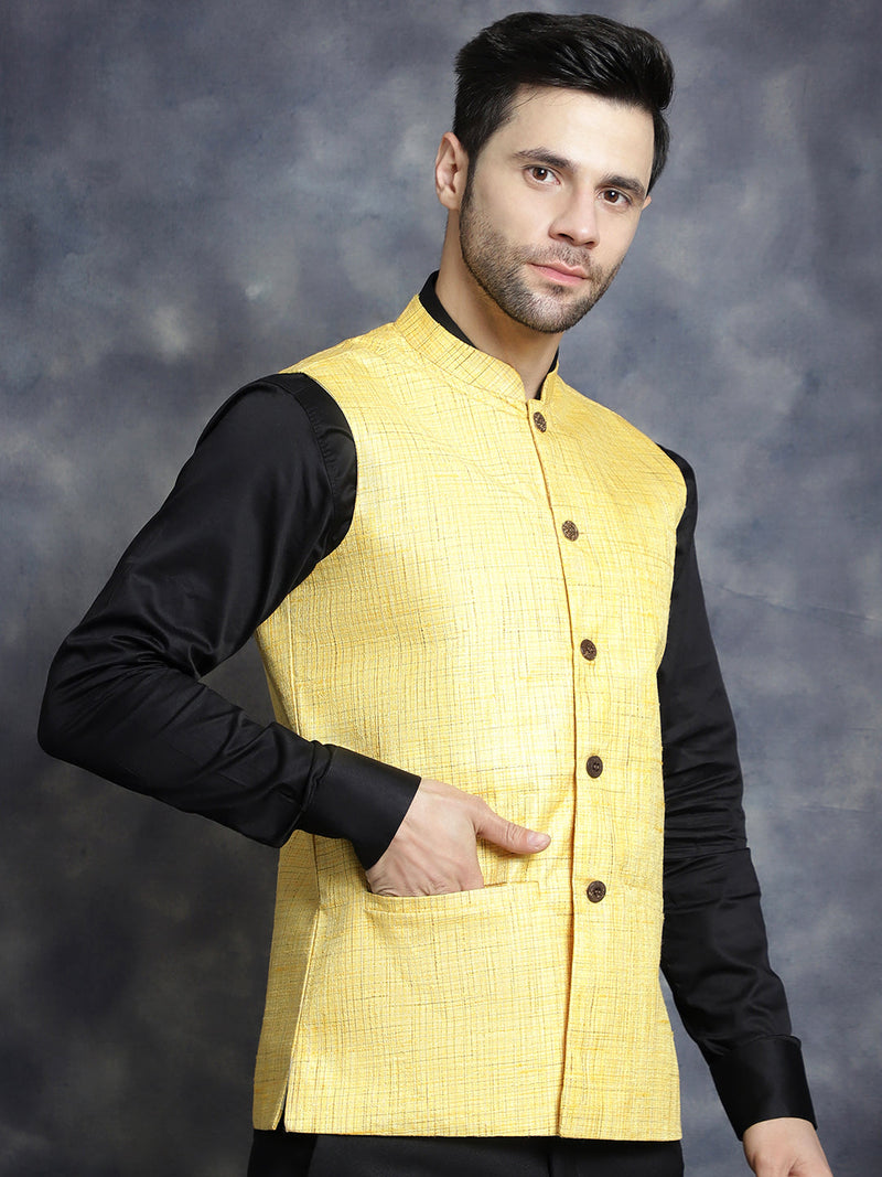 Men's Woven Design Nehru Jacket ( JOWC 4095Yellow )