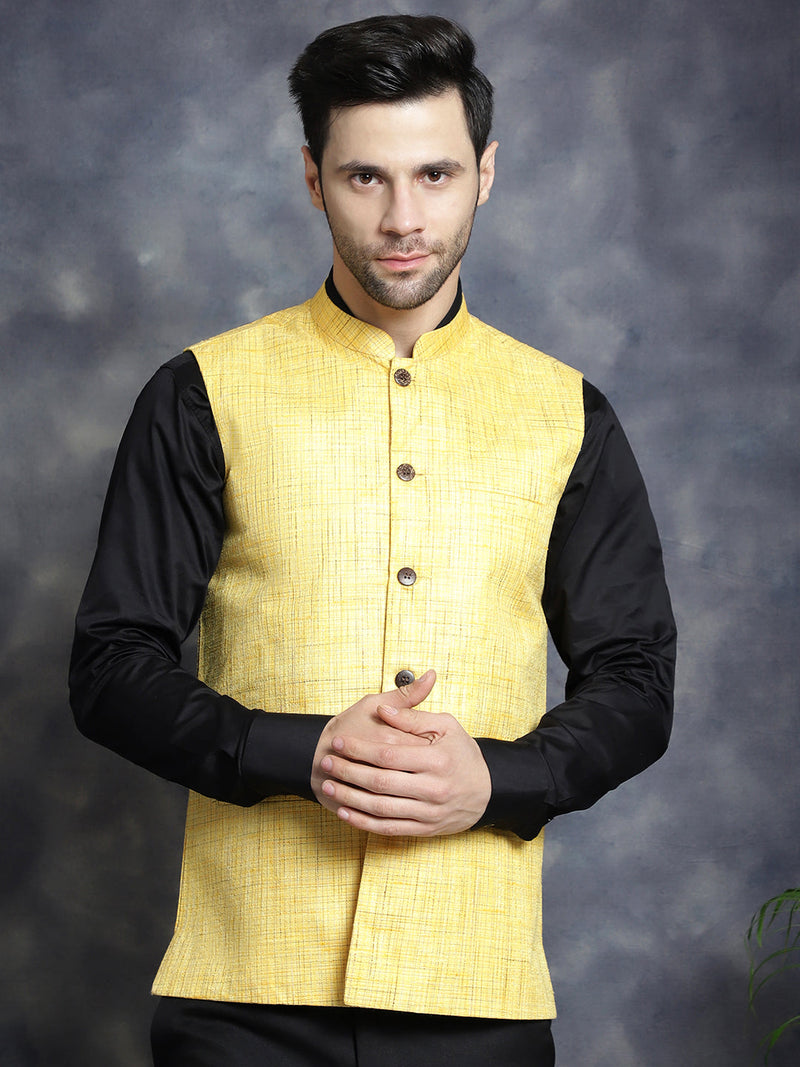 Men's Woven Design Nehru Jacket ( JOWC 4095Yellow )