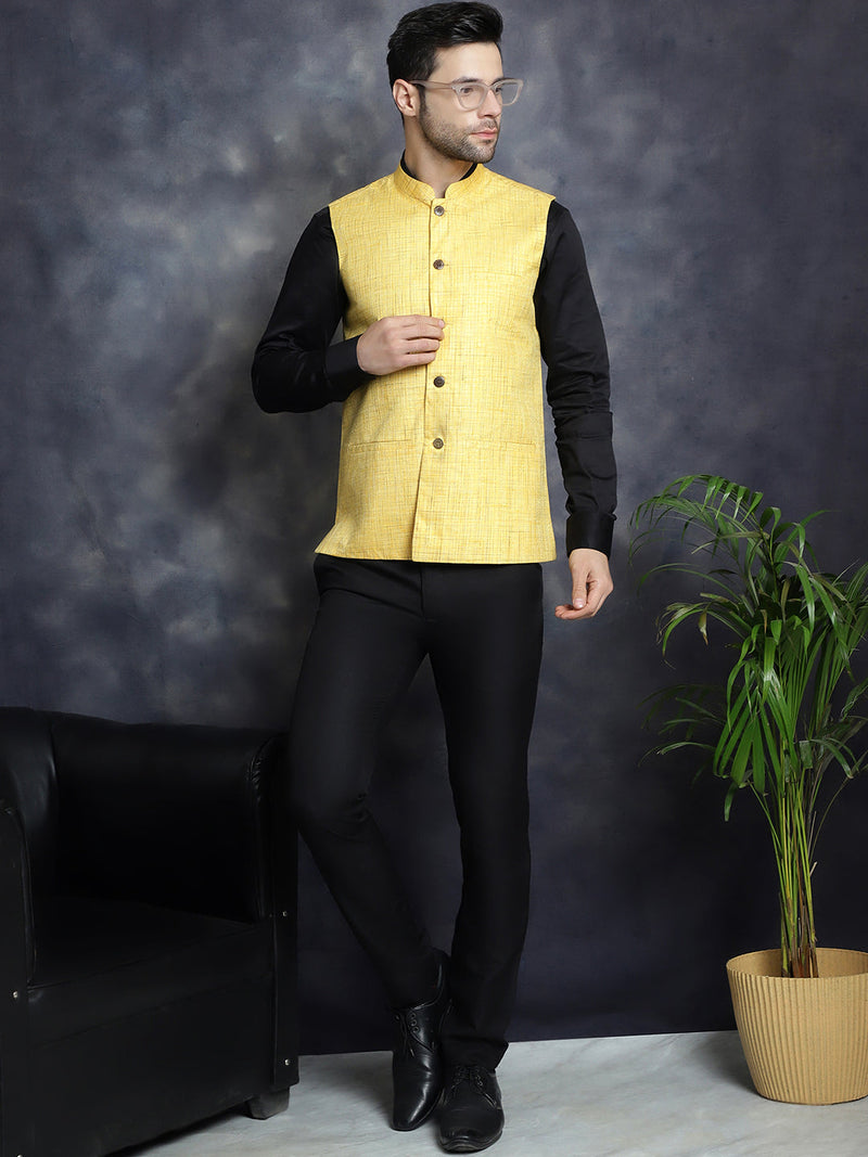 Men's Woven Design Nehru Jacket ( JOWC 4095Yellow )