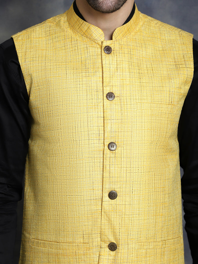 Men's Woven Design Nehru Jacket ( JOWC 4095Yellow )