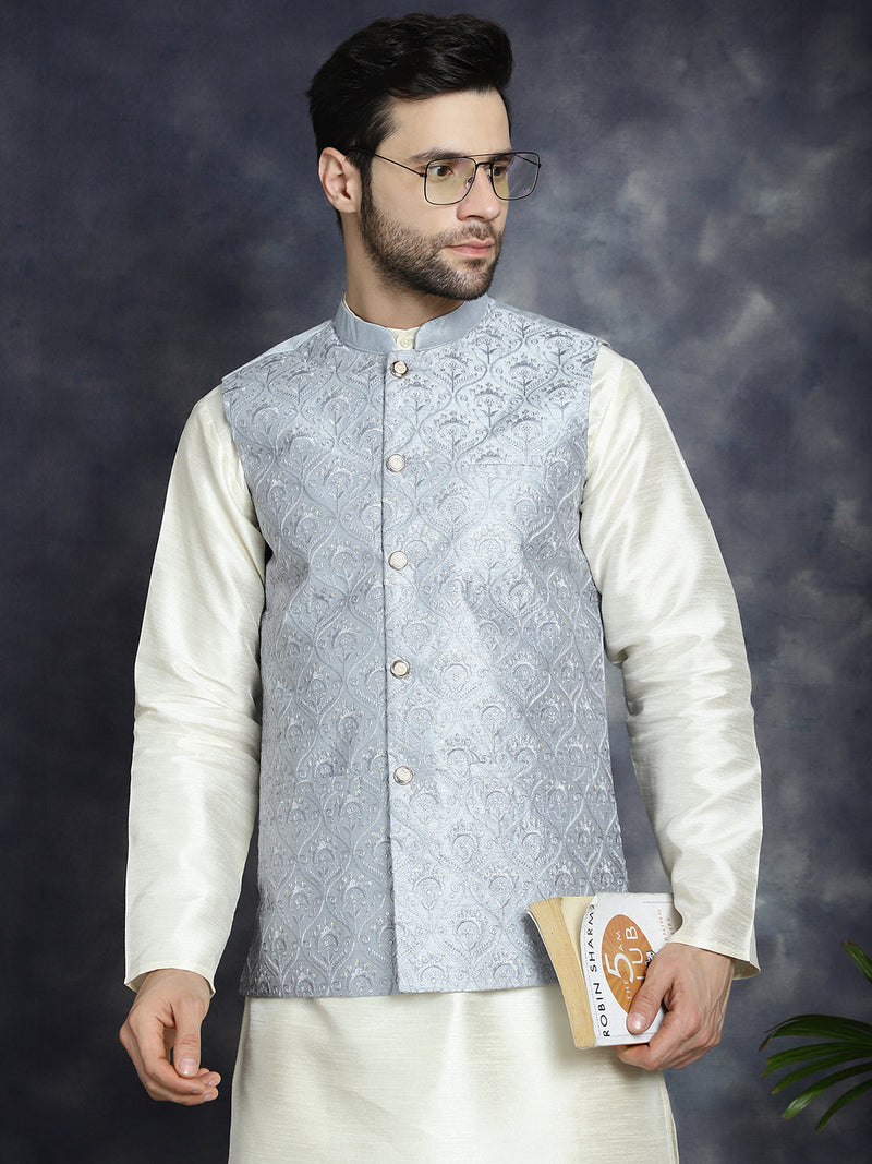 Men's Sequins and Embroidred Nehru Jacket ( JOWC 4096Grey )