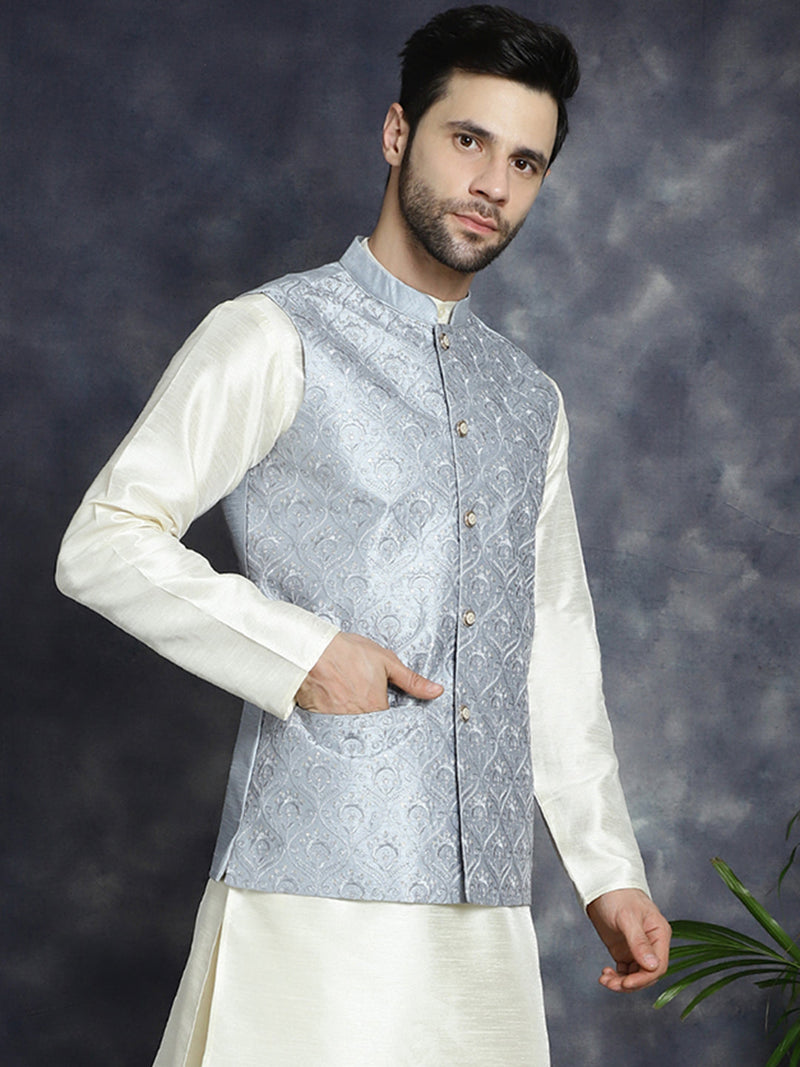 Men's Sequins and Embroidred Nehru Jacket ( JOWC 4096Grey )