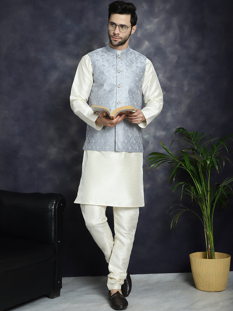 Men's Sequins and Embroidred Nehru Jacket ( JOWC 4096Grey )