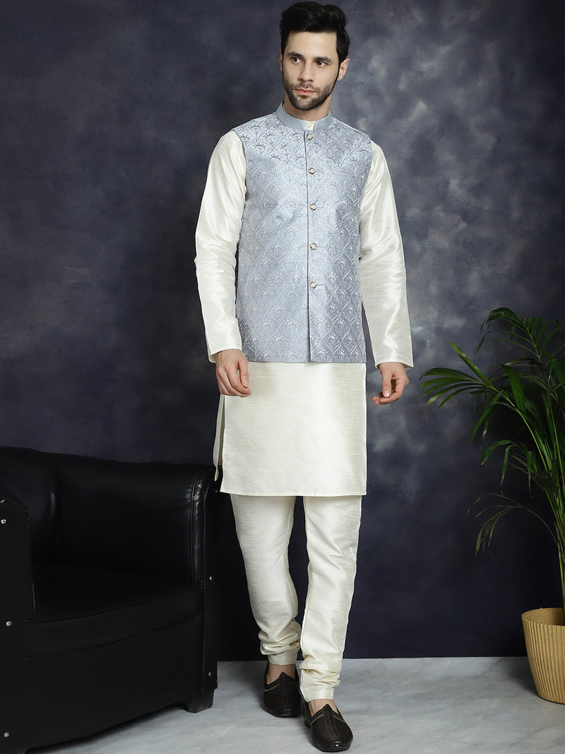 Men's Sequins and Embroidred Nehru Jacket ( JOWC 4096Grey )