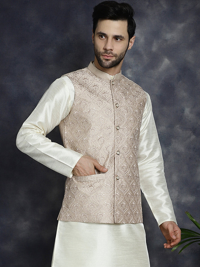 Men's Sequins and Embroidred Nehru Jacket ( JOWC 4096Peach )