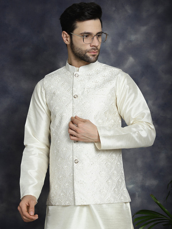 Men's Sequins and Embroidred Nehru Jacket ( JOWC 4096White )