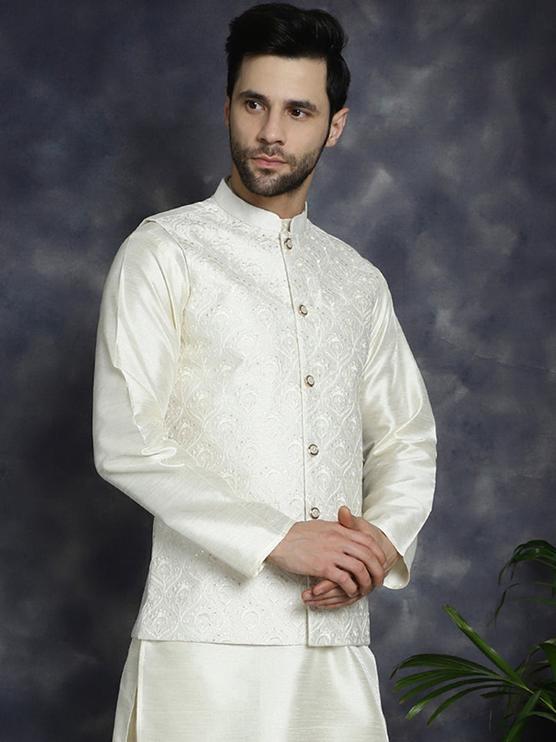 Men's Sequins and Embroidred Nehru Jacket ( JOWC 4096White )