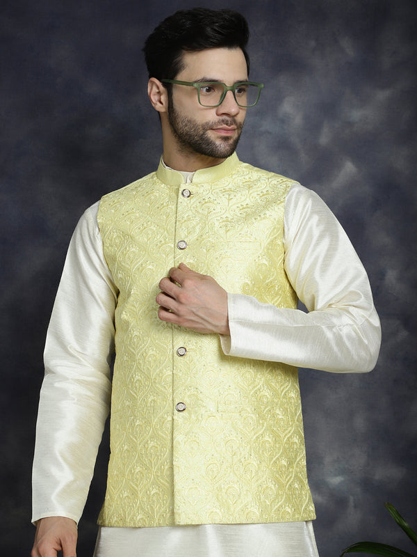 Men's Sequins and Embroidred Nehru Jacket ( JOWC 4096Yellow )