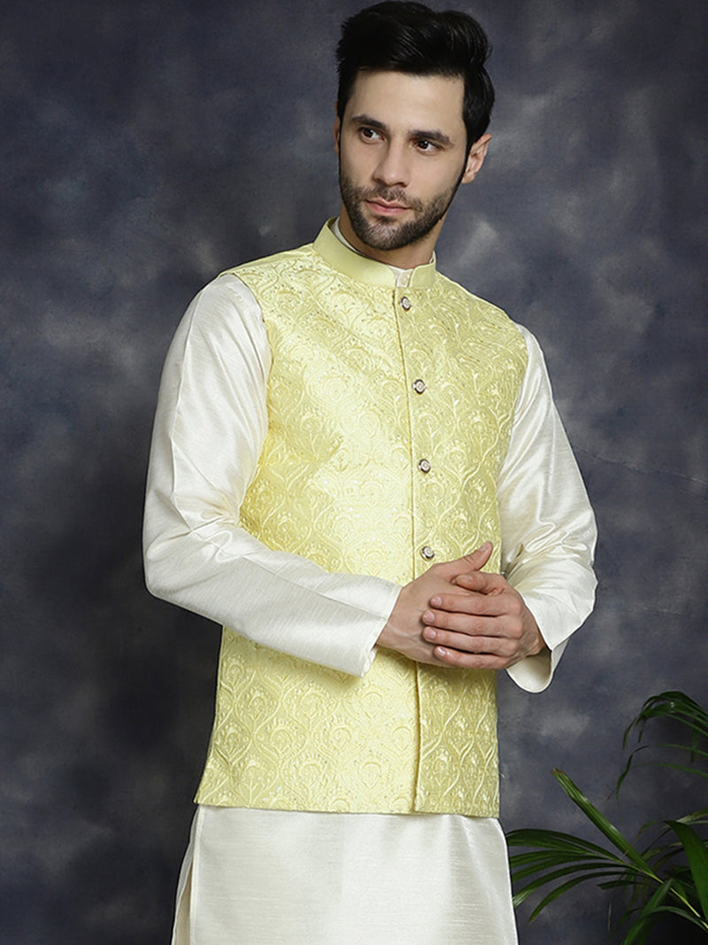 Men's Sequins and Embroidred Nehru Jacket ( JOWC 4096Yellow )