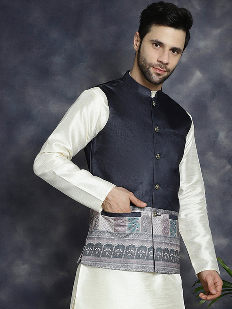 Men's Printed Nehru Jacket ( JOWC 4097Black )