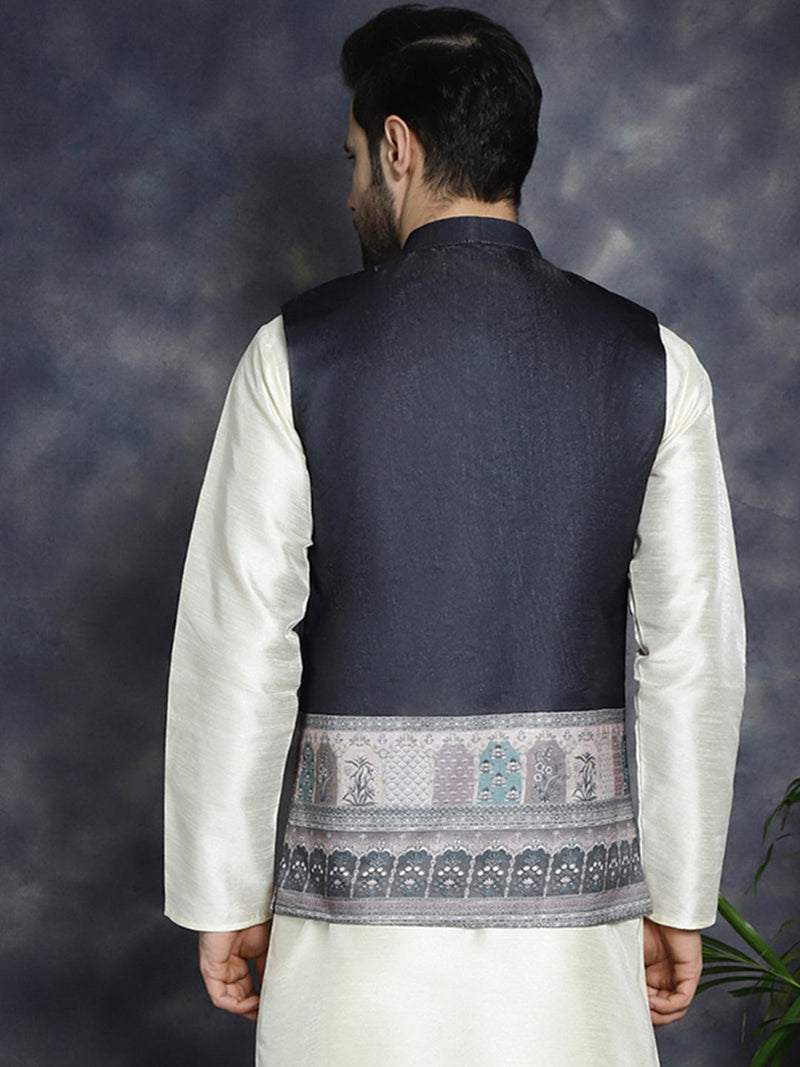 Men's Printed Nehru Jacket ( JOWC 4097Black )