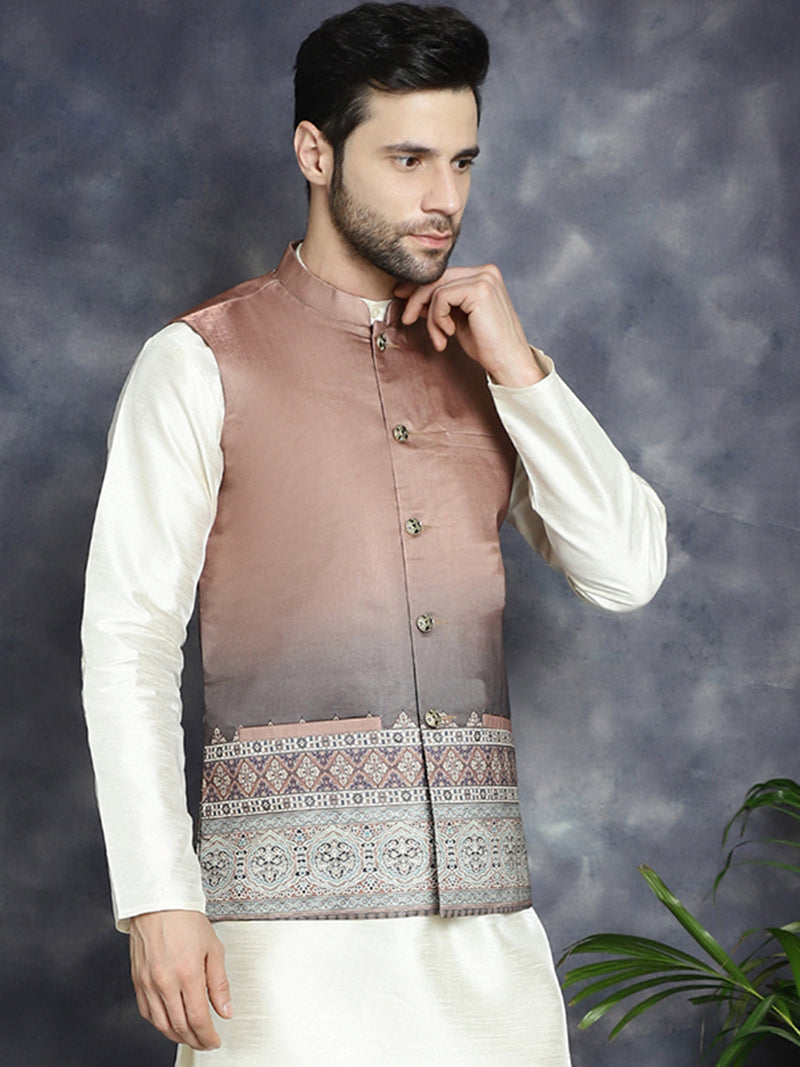 Men's Printed Nehru Jacket ( JOWC 4097Brown )