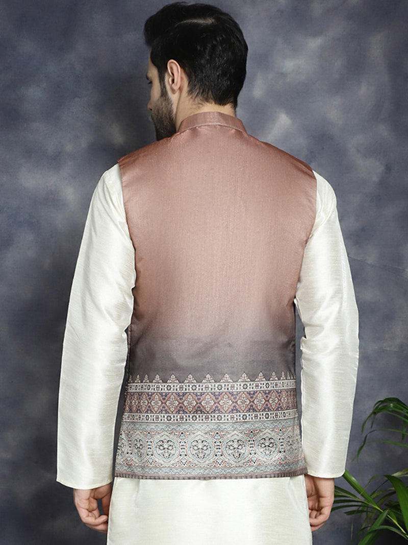 Men's Printed Nehru Jacket ( JOWC 4097Brown )