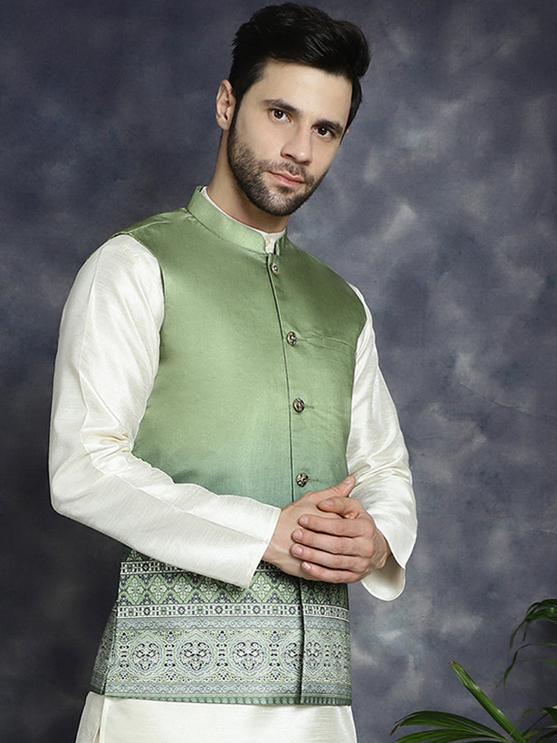 Men's Printed Nehru Jacket ( JOWC 4097Green )