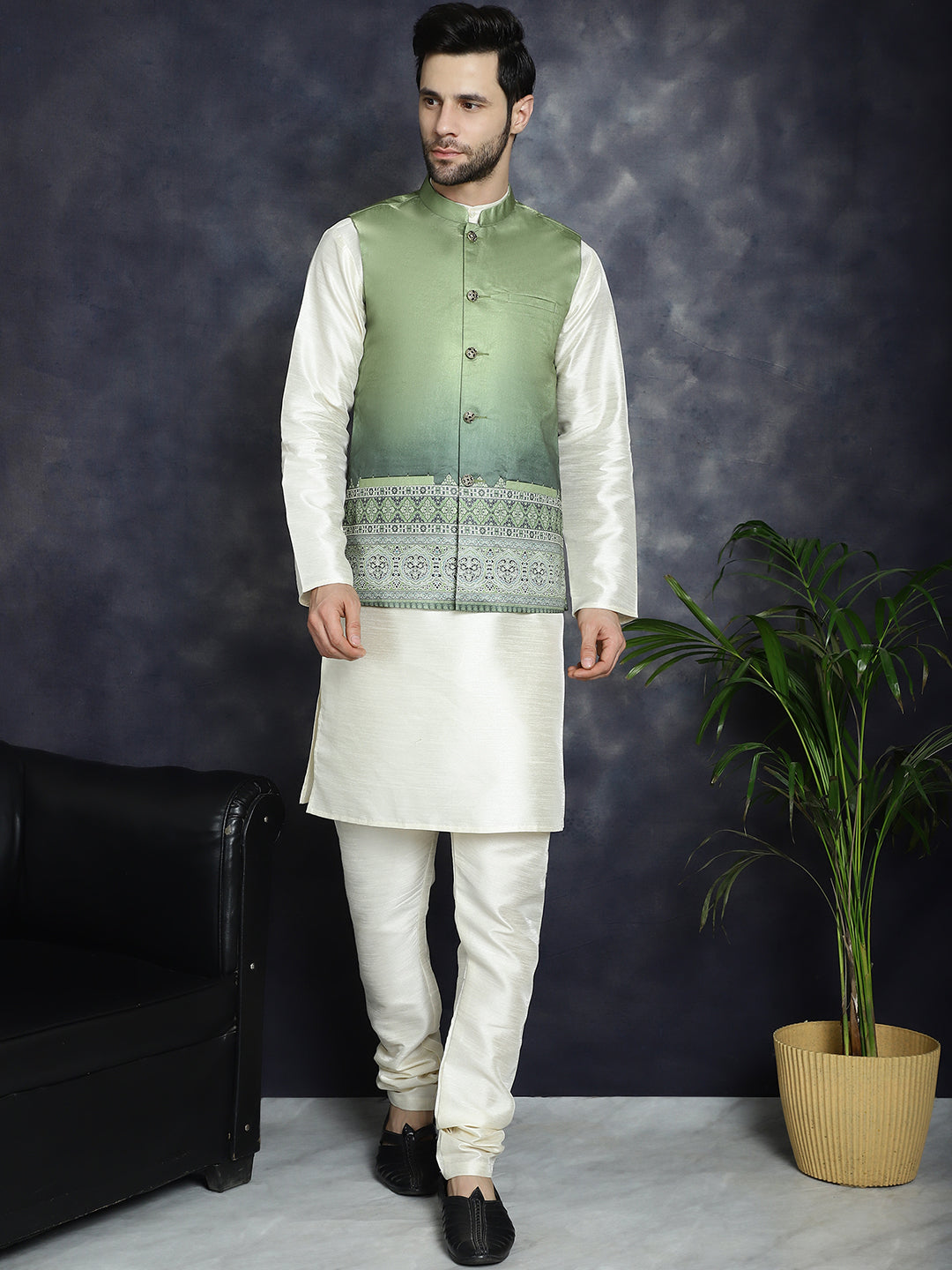 Men's Printed Nehru Jacket ( JOWC 4097Green )
