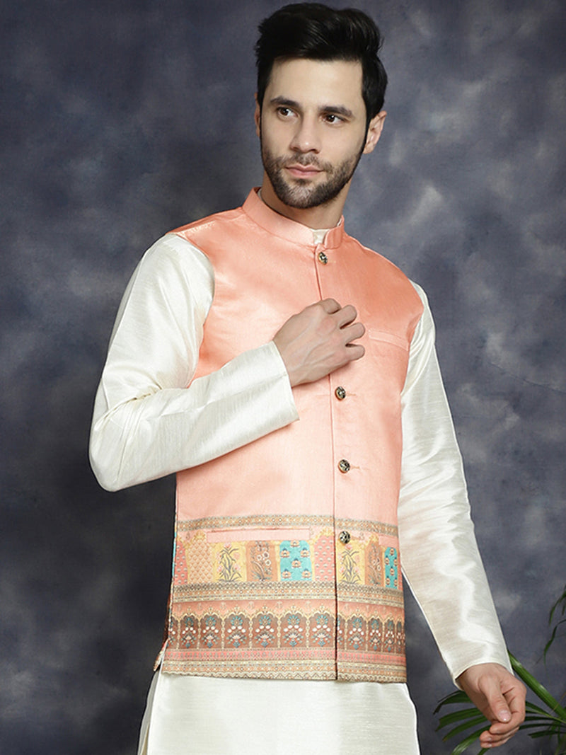 Men's Printed Nehru Jacket ( JOWC 4097Peach )