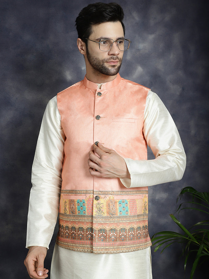 Men's Printed Nehru Jacket ( JOWC 4097Peach )