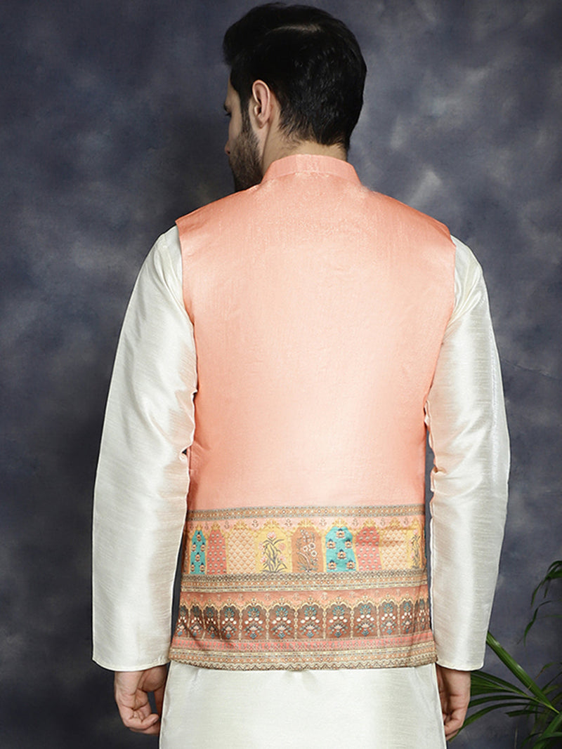 Men's Printed Nehru Jacket ( JOWC 4097Peach )