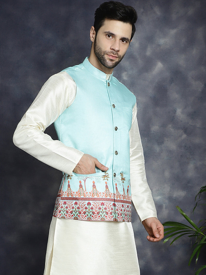 Men's Printed Nehru Jacket ( JOWC 4097Sky )