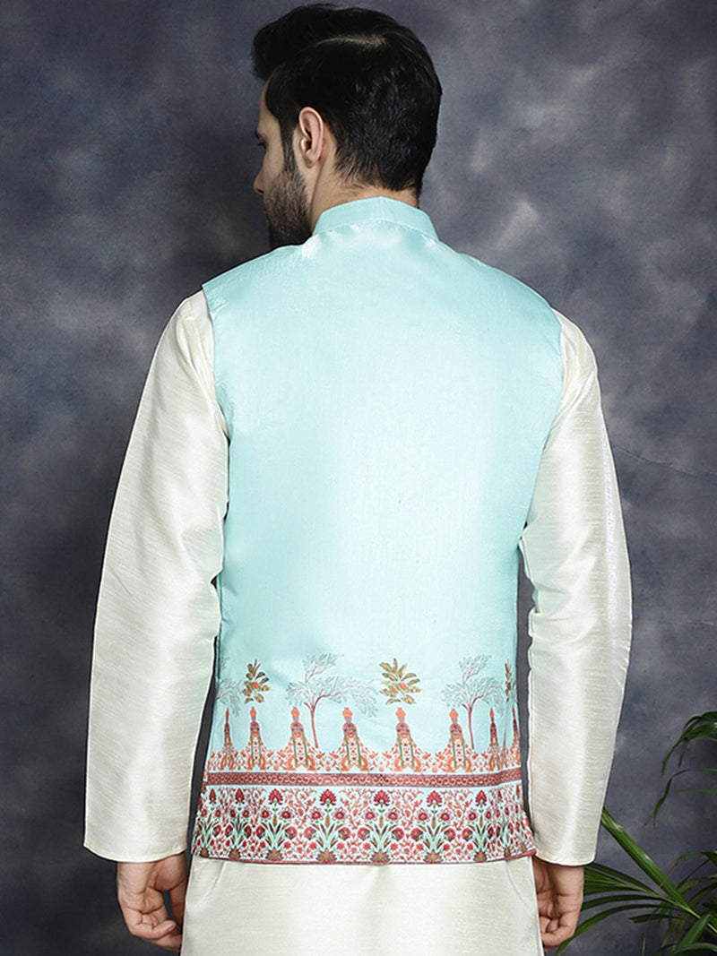 Men's Printed Nehru Jacket ( JOWC 4097Sky )