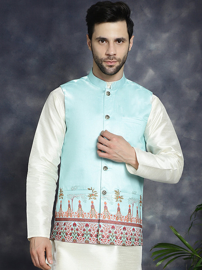 Men's Printed Nehru Jacket ( JOWC 4097Sky )