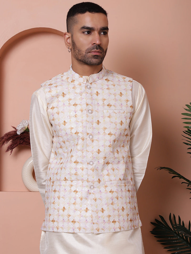 Floral Printed and Embroidered Nehru Jacket for Men