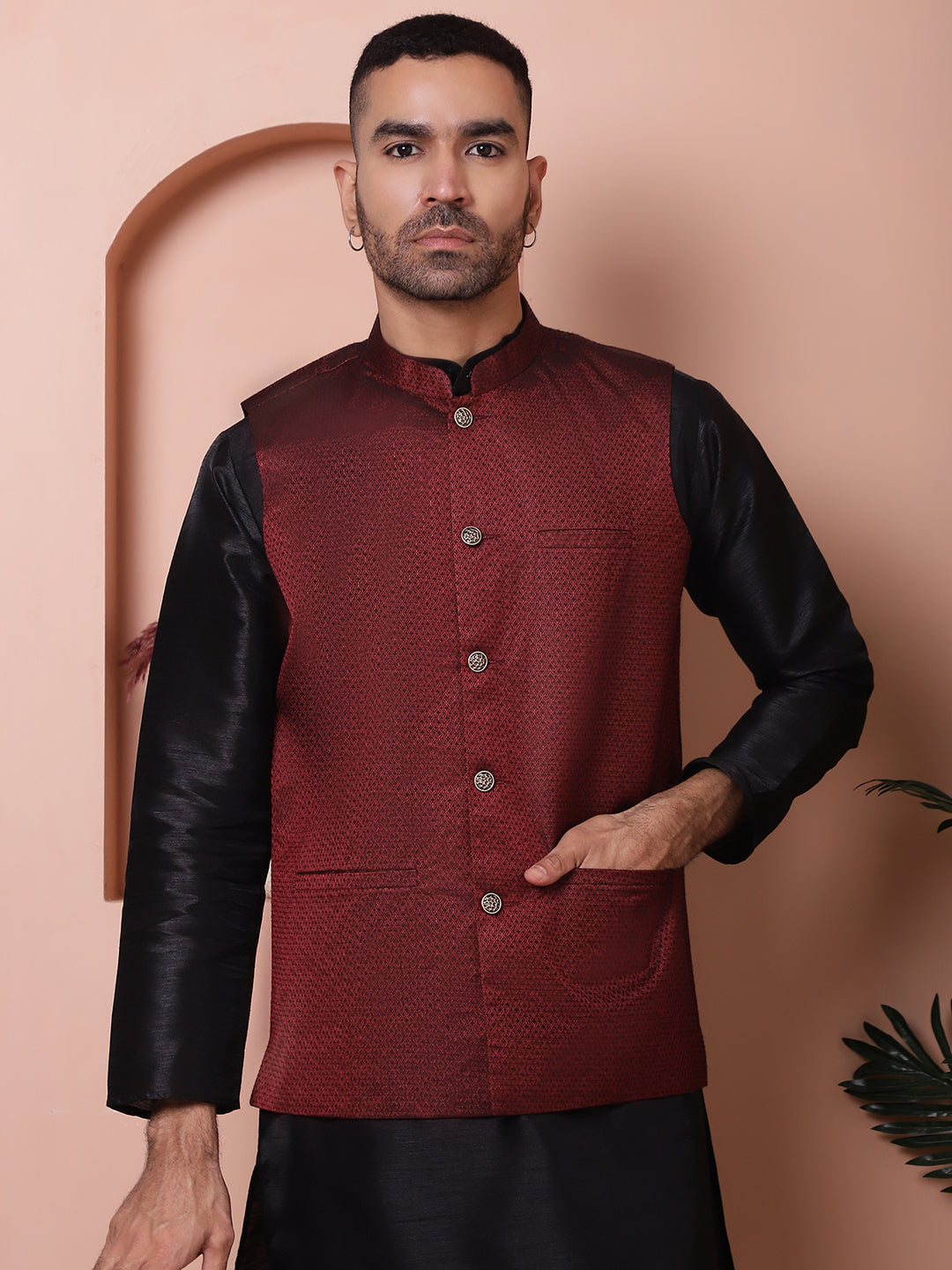 Cut Jacket Woven Design Nehru Jacket for Men