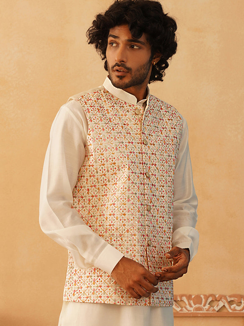 Embroidered With Sequin Silk Blend Nehru Jacket