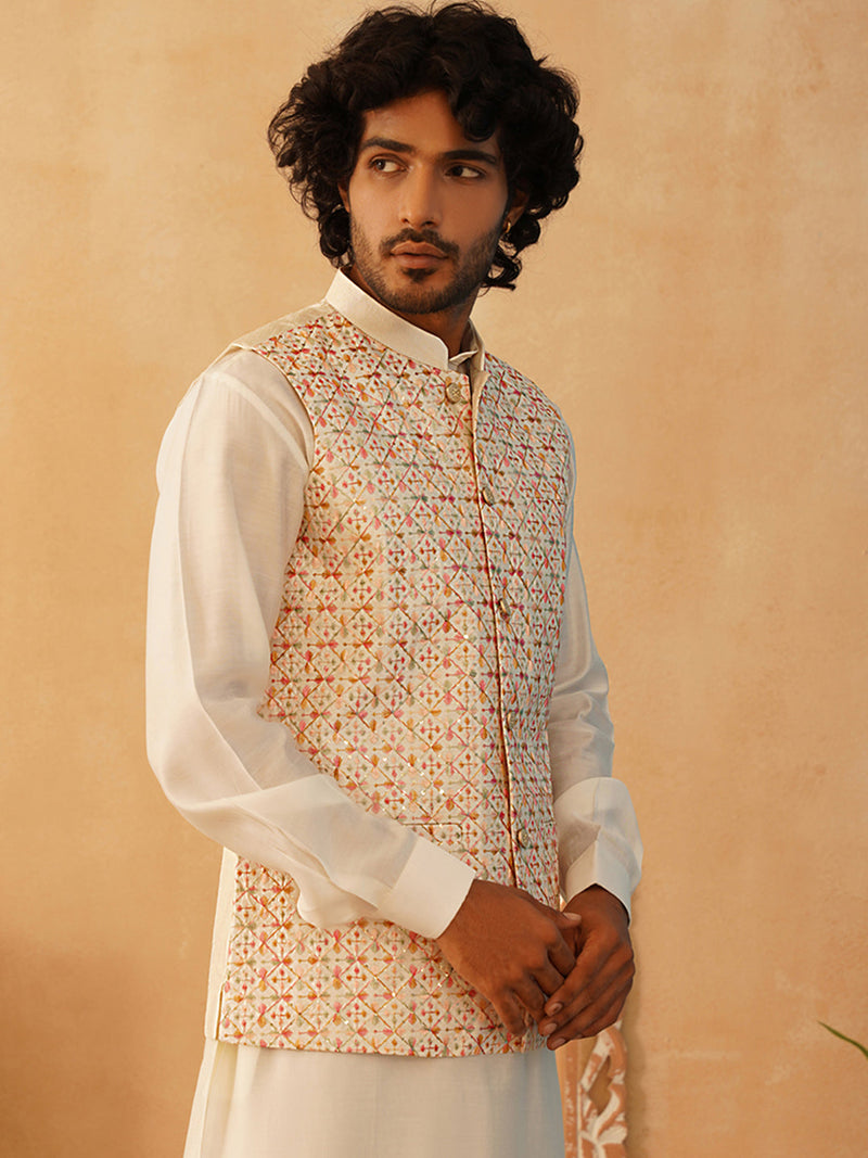 Embroidered With Sequin Silk Blend Nehru Jacket